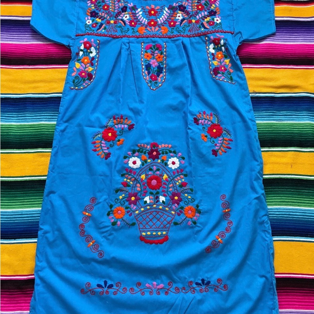 Handmade Embroidered Mexican Dress in Bright Blue Floral Frida Kahlo